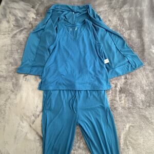 Blue 3-Piece Knit Outfit Set - Tank, Pants, Cardigan, Size L, Polyester Spandex